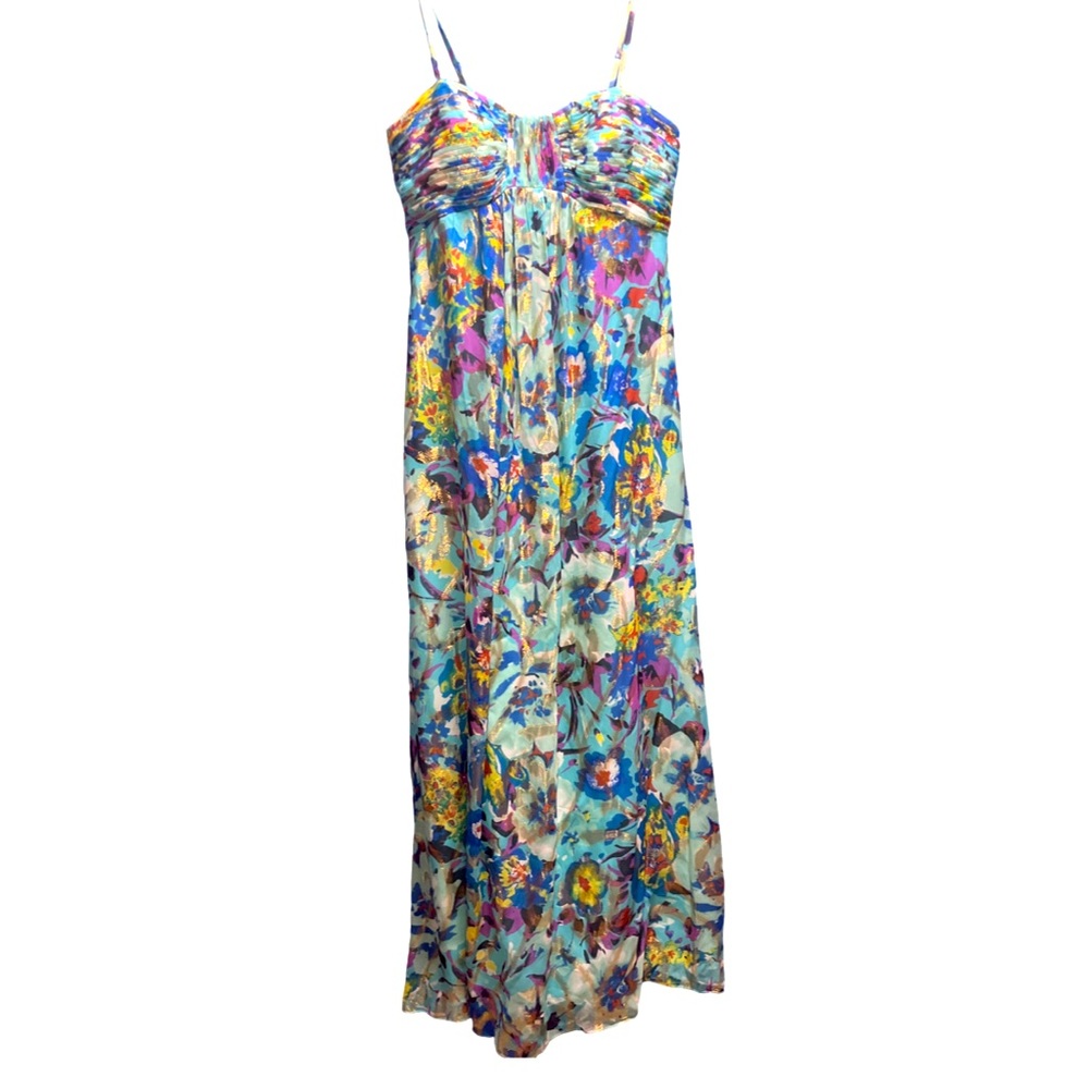 OLEG CASSINI Silk Floral Gown/Dress with Gold Colored Details EUC Size 10